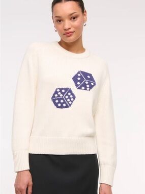 Abercrombie & Fitch Ivory Crewneck Sweater with Blue Dice Motif